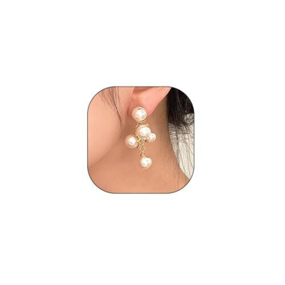 8139 18K Gold Pearl Cluster Drop Dangle Earrings ,Vintage Statement Long